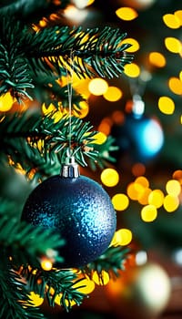 Colorful Christmas decorations adorn the branches of a spruce tree, vibrant balls in shades of blue, embodying holiday cheer in winter. Happy New Year art golden bokeh background. Generative AI.