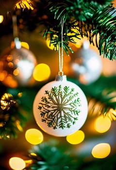 A beautifully decorated spruce tree displays colorful Christmas balls adorned with intricate designs. Soft bokeh lights create a warm festive atmosphere perfect for the holiday season. Generative AI.