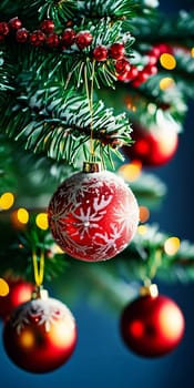 Colorful Christmas decorations adorn the branches of a spruce tree, vibrant balls in shades of red and pink, embodying holiday cheer in winter. Happy New Year art bokeh background. Generative AI.