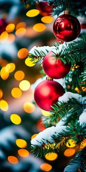 Colorful Christmas decorations adorn the branches of a spruce tree, vibrant balls in shades of red and pink, embodying holiday cheer in winter. Happy New Year art bokeh background. Generative AI.