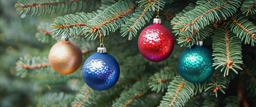 Colorful Christmas decorations adorn the branches of a spruce tree, vibrant balls in shades of red, blue, green, golden and pink, embodying holiday cheer. Happy New Year background. Generative AI.