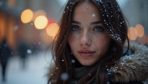 A stunning woman is looking softly as snowflakes fall around her in a delightful city setting, capturing the magic of the Christmas season. Beautiful brunette with long hair. Generative AI.