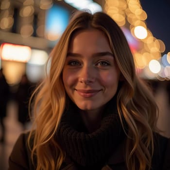 A stunning woman smiles softly as snowflakes fall around her in a delightful city setting, capturing the magic of the Christmas season. Beautiful blond girl with long hair. Generative AI.
