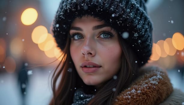 A stunning woman is looking softly as snowflakes fall around her in a delightful city setting, capturing the magic of the Christmas season. Beautiful brunette with long hair. Generative AI.