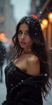 A stunning woman is looking softly as snowflakes fall around her in a delightful city setting, capturing the magic of the Christmas season. Beautiful busty brunette with long hair. Generative AI.