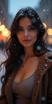 A stunning woman smiles softly as snowflakes fall around her in a delightful city setting, capturing the magic of the Christmas season. Beautiful busty brunette with long hair. Generative AI.