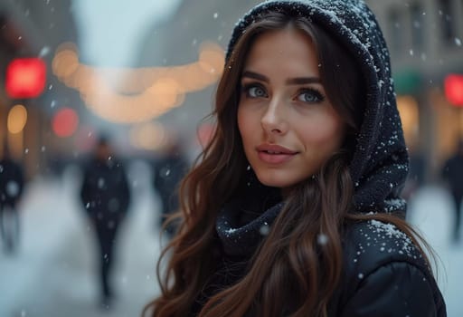 A stunning woman smiles softly as snowflakes fall around her in a delightful city setting, capturing the magic of the Christmas season. Beautiful brunette with long hair. Generative AI.
