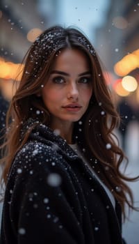 A stunning woman is looking softly as snowflakes fall around her in a delightful city setting, capturing the magic of the Christmas season. Beautiful brunette with long hair. Generative AI.