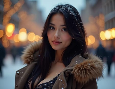 A stunning woman smiles softly as snowflakes fall around her in a delightful city setting, capturing the magic of the Christmas season. Beautiful busty brunette with long hair. Generative AI.