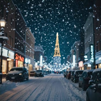 A quiet winter evening envelops a city street, where gently falling snow enhances the glow of Christmas lights. The festive atmosphere attracts people celebrating the New Year. Generative AI.