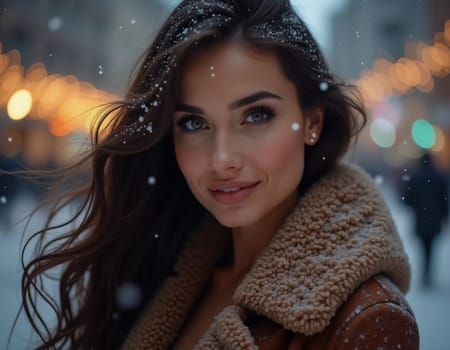 A stunning woman smiles softly as snowflakes fall around her in a delightful city setting, capturing the magic of the Christmas season. Beautiful brunette with long hair. Generative AI.