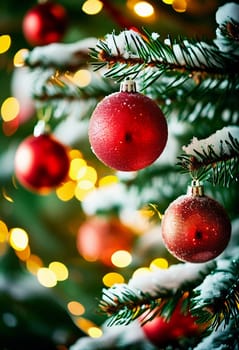 Colorful Christmas decorations adorn the branches of a spruce tree, vibrant balls in shades of red and pink, embodying holiday cheer in winter. Happy New Year art bokeh background. Generative AI.