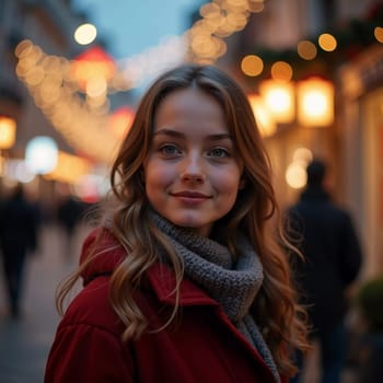A stunning woman smiles softly as snowflakes fall around her in a delightful city setting, capturing the magic of the Christmas season. Beautiful blond girl with long hair. Generative AI.