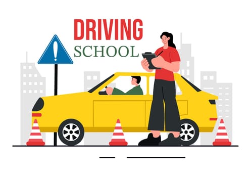 Driving School Vector Illustration Featuring the Educational Process of Car Training and Learning to Drive Obtain a Driver's License in a Background