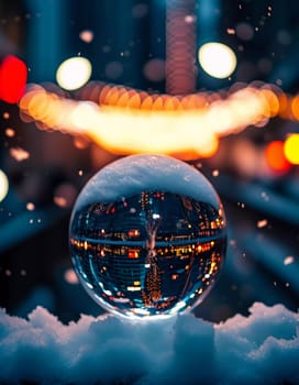 A snowy city street glows with festive Christmas lights, while a crystal ball captures the enchanting reflections of the colorful decorations on a winter evening. Generative AI.