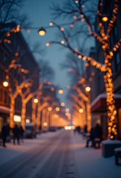 A quiet winter evening envelops a city street, where gently falling snow enhances the glow of Christmas lights. The festive atmosphere attracts people celebrating the New Year. Generative AI.