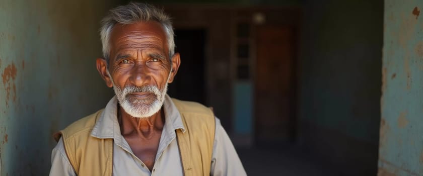 An elderly man from India exudes joy with a warm smile and twinkling eyes. His gray hair and beard reflect the wisdom of his years, showcasing a life rich in experiences.