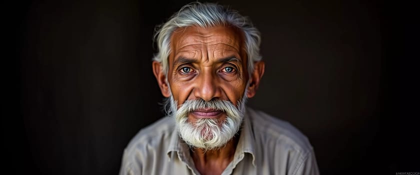 An elderly man from India exudes joy with a warm smile and twinkling eyes. His gray hair and beard reflect the wisdom of his years, showcasing a life rich in experiences.