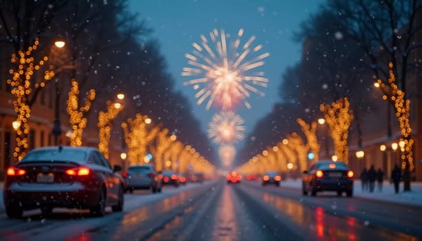 A quiet winter evening envelops a city street, where gently falling snow enhances the glow of Christmas lights. The festive atmosphere attracts people celebrating the New Year. Generative AI.