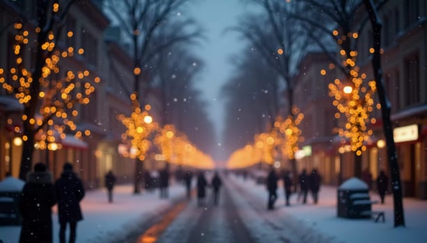 A quiet winter evening envelops a city street, where gently falling snow enhances the glow of Christmas lights. The festive atmosphere attracts people celebrating the New Year. Generative AI.