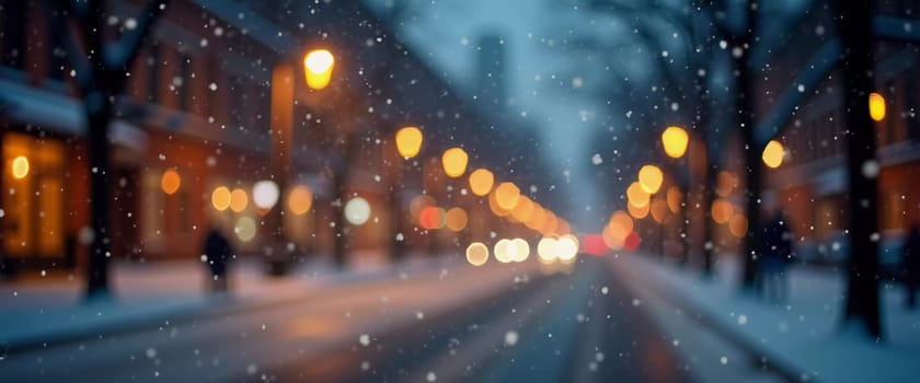 A quiet winter evening envelops a city street, where gently falling snow enhances the glow of Christmas lights. The festive atmosphere attracts people celebrating the New Year. Generative AI.