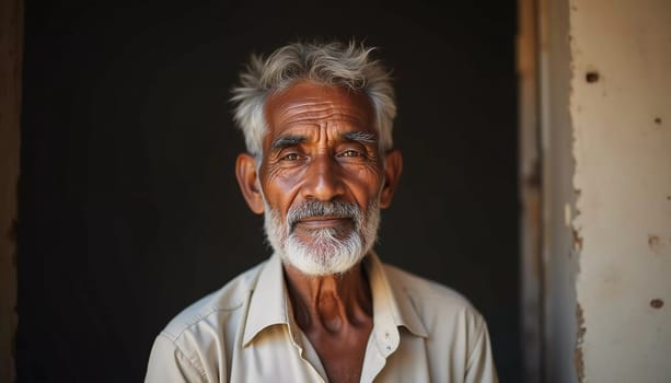 An elderly man from India exudes joy with a warm smile and twinkling eyes. His gray hair and beard reflect the wisdom of his years, showcasing a life rich in experiences.
