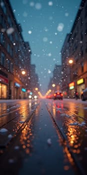 A quiet winter evening envelops a city street, where gently falling snow enhances the glow of Christmas lights. The festive atmosphere attracts people celebrating the New Year. Generative AI.