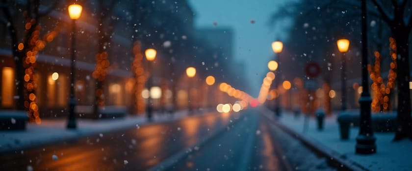 A quiet winter evening envelops a city street, where gently falling snow enhances the glow of Christmas lights. The festive atmosphere attracts people celebrating the New Year. Generative AI.