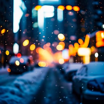 A quiet winter evening envelops a city street, where gently falling snow enhances the glow of Christmas lights. The festive atmosphere attracts people celebrating the New Year. Generative AI.