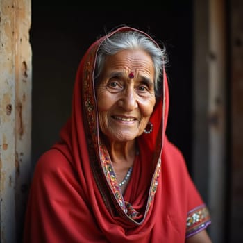 An elderly woman with a warm smile is dressed in a bright red shawl. She appears relaxed and content, enjoying her surroundings in a rural Indian home. Generative AI.
