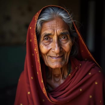 An elderly woman with a warm smile is dressed in a bright red shawl. She appears relaxed and content, enjoying her surroundings in a rural Indian home. Generative AI.