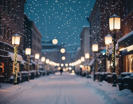 A quiet winter evening envelops a city street, where gently falling snow enhances the glow of Christmas lights. The festive atmosphere attracts people celebrating the New Year. Generative AI.