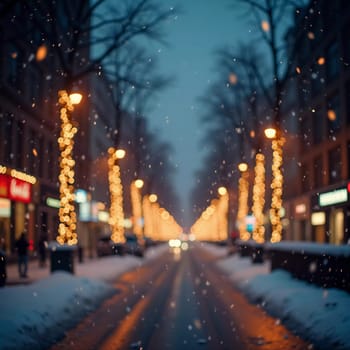 A quiet winter evening envelops a city street, where gently falling snow enhances the glow of Christmas lights. The festive atmosphere attracts people celebrating the New Year. Generative AI.