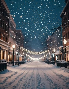 A quiet winter evening envelops a city street, where gently falling snow enhances the glow of Christmas lights. The festive atmosphere attracts people celebrating the New Year. Generative AI.