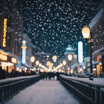 A quiet winter evening envelops a city street, where gently falling snow enhances the glow of Christmas lights. The festive atmosphere attracts people celebrating the New Year. Generative AI.