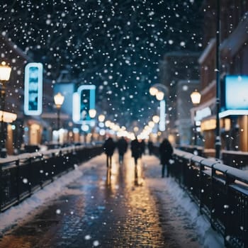 A quiet winter evening envelops a city street, where gently falling snow enhances the glow of Christmas lights. The festive atmosphere attracts people celebrating the New Year. Generative AI.