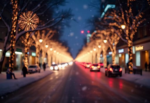 A quiet winter evening envelops a city street, where gently falling snow enhances the glow of Christmas lights. The festive atmosphere attracts people celebrating the New Year. Generative AI.