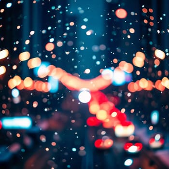 A quiet winter evening envelops a city street, where gently falling snow enhances the glow of Christmas lights. The festive atmosphere attracts people celebrating the New Year. Generative AI.