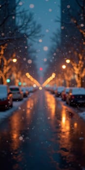 A quiet winter evening envelops a city street, where gently falling snow enhances the glow of Christmas lights. The festive atmosphere attracts people celebrating the New Year. Generative AI.