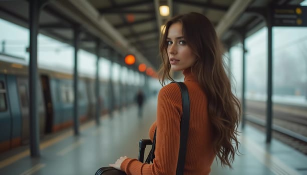 A girl with wavy hair stands at a train station, turning to look at the camera while holding a suitcase. Travelers bustle past her as she waits for her train. Beautiful young woman. Generative AI.