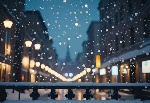 A quiet winter evening envelops a city street, where gently falling snow enhances the glow of Christmas lights. The festive atmosphere attracts people celebrating the New Year. Generative AI.
