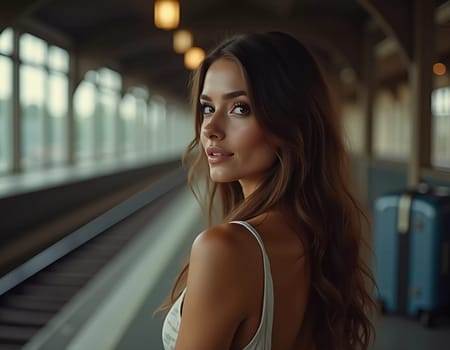 A girl with wavy hair stands at a train station, turning to look at the camera while holding a suitcase. Travelers bustle past her as she waits for her train. Beautiful young woman. Generative AI.