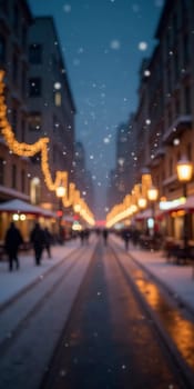 A quiet winter evening envelops a city street, where gently falling snow enhances the glow of Christmas lights. The festive atmosphere attracts people celebrating the New Year. Generative AI.
