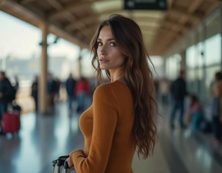 A girl with wavy hair stands at a train station, turning to look at the camera while holding a suitcase. Travelers bustle past her as she waits for her train. Beautiful young woman. Generative AI.