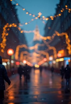 A quiet winter evening envelops a city street, where gently falling snow enhances the glow of Christmas lights. The festive atmosphere attracts people celebrating the New Year. Generative AI.