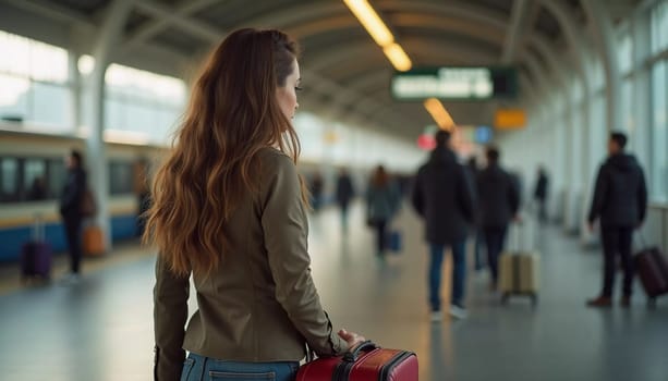 A girl with wavy hair stands at a train station, turning to look at the camera while holding a suitcase. Travelers bustle past her as she waits for her train. Beautiful young woman. Generative AI.