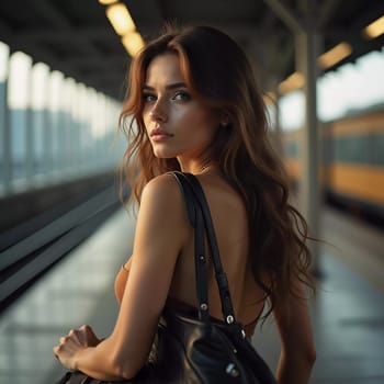 A girl with wavy hair stands at a train station, turning to look at the camera while holding a suitcase. Travelers bustle past her as she waits for her train. Beautiful young woman. Generative AI.