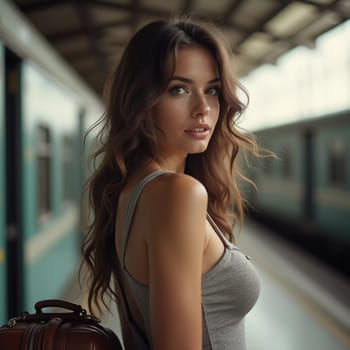 A girl with wavy hair stands at a train station, turning to look at the camera while holding a suitcase. Travelers bustle past her as she waits for her train. Beautiful young woman. Generative AI.