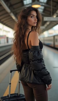A girl with wavy hair stands at a train station, turning to look at the camera while holding a suitcase. Travelers bustle past her as she waits for her train. Beautiful young woman. Generative AI.