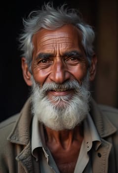 An elderly man from India exudes joy with a warm smile and twinkling eyes. His gray hair and beard reflect the wisdom of his years, showcasing a life rich in experiences.